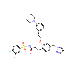 O=C(CCc1ccc(Cn2cccn2)cc1OCCc1cccc(N2CCOCC2)c1)NS(=O)(=O)c1ccc(F)c(F)c1 ZINC000049777661