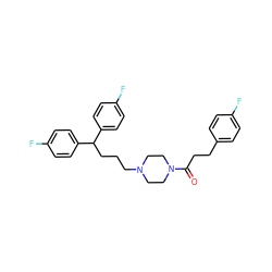 O=C(CCc1ccc(F)cc1)N1CCN(CCCC(c2ccc(F)cc2)c2ccc(F)cc2)CC1 ZINC000013864328