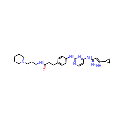 O=C(CCc1ccc(Nc2nccc(Nc3cc(C4CC4)[nH]n3)n2)cc1)NCCCN1CCCCC1 ZINC000138142404