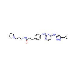 O=C(CCc1ccc(Nc2nccc(Nc3cc(C4CC4)n[nH]3)n2)cc1)NCCCN1CCCC1 ZINC000038227294