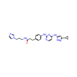 O=C(CCc1ccc(Nc2nccc(Nc3cc(C4CC4)n[nH]3)n2)cc1)NCCCn1ccnc1 ZINC000139871209