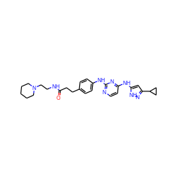 O=C(CCc1ccc(Nc2nccc(Nc3cc(C4CC4)n[nH]3)n2)cc1)NCCN1CCCCC1 ZINC000035935765