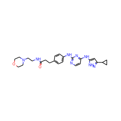 O=C(CCc1ccc(Nc2nccc(Nc3cc(C4CC4)n[nH]3)n2)cc1)NCCN1CCOCC1 ZINC000140418554