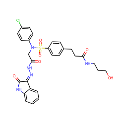 O=C(CCc1ccc(S(=O)(=O)N(CC(=O)N/N=C2\C(=O)Nc3ccccc32)c2ccc(Cl)cc2)cc1)NCCCO ZINC000028530792