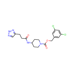 O=C(CCc1cn[nH]n1)NC1CCN(C(=O)OCc2cc(Cl)cc(Cl)c2)CC1 ZINC000217442950