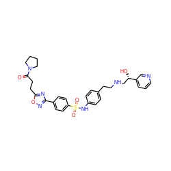 O=C(CCc1nc(-c2ccc(S(=O)(=O)Nc3ccc(CCNC[C@H](O)c4cccnc4)cc3)cc2)no1)N1CCCC1 ZINC000029221127