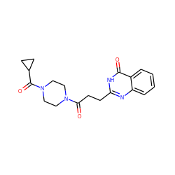 O=C(CCc1nc2ccccc2c(=O)[nH]1)N1CCN(C(=O)C2CC2)CC1 ZINC000008987742