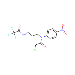 O=C(CCl)N(CCCNC(=O)C(F)(F)F)c1ccc([N+](=O)[O-])cc1 ZINC000004981065