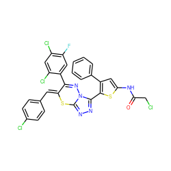 O=C(CCl)Nc1cc(-c2ccccc2)c(-c2nnc3n2N=C(c2cc(F)c(Cl)cc2Cl)/C(=C/c2ccc(Cl)cc2)S3)s1 ZINC000028823793