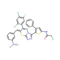 O=C(CCl)Nc1cc(-c2ccccc2)c(-c2nnc3n2N=C(c2cc(F)c(Cl)cc2Cl)/C(=C/c2cccc([N+](=O)[O-])c2)S3)s1 ZINC000028823795