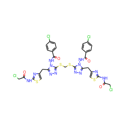 O=C(CCl)Nc1nc(Cc2nnc(SCSc3nnc(Cc4csc(NC(=O)CCl)n4)n3NC(=O)c3ccc(Cl)cc3)n2NC(=O)c2ccc(Cl)cc2)cs1 ZINC000150522775