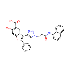 O=C(CCn1cc(-c2c(-c3ccccc3)oc3cc(O)c(C(=O)O)cc23)nn1)Nc1cccc2ccccc12 ZINC000066112675