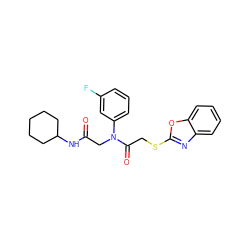 O=C(CN(C(=O)CSc1nc2ccccc2o1)c1cccc(F)c1)NC1CCCCC1 ZINC000008829192