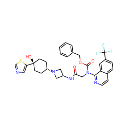 O=C(CN(C(=O)OCc1ccccc1)c1nccc2ccc(C(F)(F)F)cc12)NC1CN([C@H]2CC[C@@](O)(c3cncs3)CC2)C1 ZINC000261090991