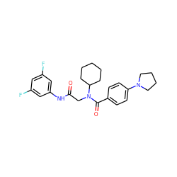 O=C(CN(C(=O)c1ccc(N2CCCC2)cc1)C1CCCCC1)Nc1cc(F)cc(F)c1 ZINC000072127869