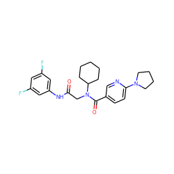 O=C(CN(C(=O)c1ccc(N2CCCC2)nc1)C1CCCCC1)Nc1cc(F)cc(F)c1 ZINC000072127973