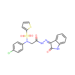 O=C(CN(c1ccc(Cl)cc1)S(=O)(=O)c1cccs1)N/N=C1\C(=O)Nc2ccccc21 ZINC000013677346