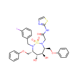 O=C(CN1[C@@H](COc2ccccc2)[C@@H](O)[C@H](O)[C@H](COc2ccccc2)N(Cc2cccc(I)c2)S1(=O)=O)Nc1nccs1 ZINC000095609600