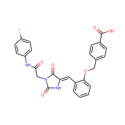 O=C(CN1C(=O)N/C(=C\c2ccccc2OCc2ccc(C(=O)O)cc2)C1=O)Nc1ccc(F)cc1 ZINC000015879913