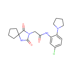 O=C(CN1C(=O)NC2(CCCC2)C1=O)Nc1cc(Cl)ccc1N1CCCC1 ZINC000006821141