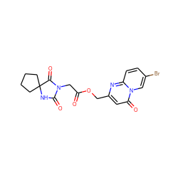 O=C(CN1C(=O)NC2(CCCC2)C1=O)OCc1cc(=O)n2cc(Br)ccc2n1 ZINC000003374366