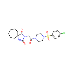 O=C(CN1C(=O)NC2(CCCCCC2)C1=O)N1CCN(S(=O)(=O)c2ccc(Cl)cc2)CC1 ZINC000002636838