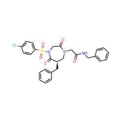 O=C(CN1C[C@@H](Cc2ccccc2)C(=O)N(S(=O)(=O)c2ccc(Cl)cc2)CC1=O)NCc1ccccc1 ZINC000096170416