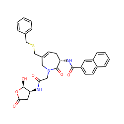 O=C(CN1CC(CSCc2ccccc2)=CC[C@H](NC(=O)c2ccc3ccccc3c2)C1=O)N[C@H]1CC(=O)O[C@H]1O ZINC000028713445