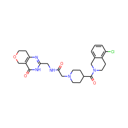 O=C(CN1CCC(C(=O)N2CCc3c(Cl)cccc3C2)CC1)NCc1nc2c(c(=O)[nH]1)COCC2 ZINC000208820139