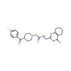 O=C(CN1CCC(C(=O)c2ccc(F)cc2)CC1)NCc1nc2c(c(=O)[nH]1)CCCC2 ZINC000208834320