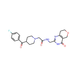 O=C(CN1CCC(C(=O)c2ccc(F)cc2)CC1)NCc1nc2c(c(=O)[nH]1)COCC2 ZINC000096283571