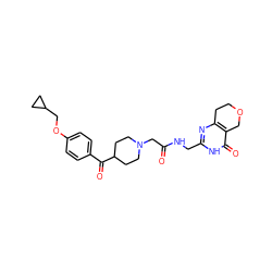 O=C(CN1CCC(C(=O)c2ccc(OCC3CC3)cc2)CC1)NCc1nc2c(c(=O)[nH]1)COCC2 ZINC000208807954