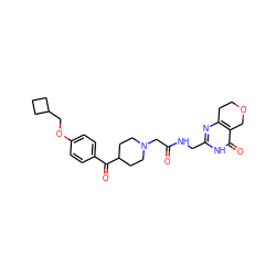 O=C(CN1CCC(C(=O)c2ccc(OCC3CCC3)cc2)CC1)NCc1nc2c(c(=O)[nH]1)COCC2 ZINC000208822956