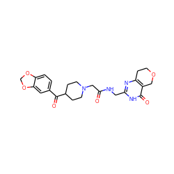 O=C(CN1CCC(C(=O)c2ccc3c(c2)OCO3)CC1)NCc1nc2c(c(=O)[nH]1)COCC2 ZINC000208814269