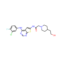 O=C(CN1CCC(CCO)CC1)Nc1cc2c(Nc3ccc(F)c(Cl)c3)ncnc2s1 ZINC000169311806