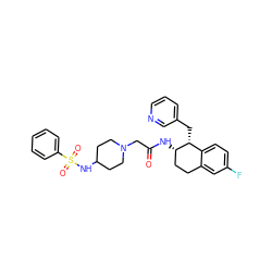 O=C(CN1CCC(NS(=O)(=O)c2ccccc2)CC1)N[C@H]1CCc2cc(F)ccc2[C@H]1Cc1cccnc1 ZINC000027101890