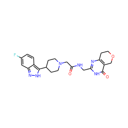 O=C(CN1CCC(c2[nH]nc3cc(F)ccc23)CC1)NCc1nc2c(c(=O)[nH]1)COCC2 ZINC000208826884