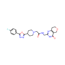 O=C(CN1CCC(c2nnc(-c3ccc(F)cc3)o2)CC1)NCc1nc2c(c(=O)[nH]1)COCC2 ZINC000208780212