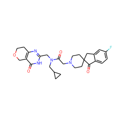 O=C(CN1CCC2(CC1)Cc1cc(F)ccc1C2=O)N(Cc1nc2c(c(=O)[nH]1)COCC2)CC1CC1 ZINC000145394637