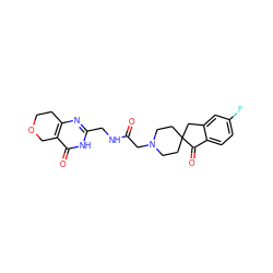 O=C(CN1CCC2(CC1)Cc1cc(F)ccc1C2=O)NCc1nc2c(c(=O)[nH]1)COCC2 ZINC000145403194