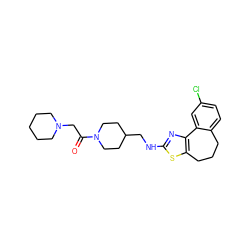 O=C(CN1CCCCC1)N1CCC(CNc2nc3c(s2)CCCc2ccc(Cl)cc2-3)CC1 ZINC000026497954