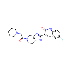 O=C(CN1CCCCC1)N1CCc2[nH]c(-c3cc4cc(F)ccc4[nH]c3=O)nc2C1 ZINC000084617674