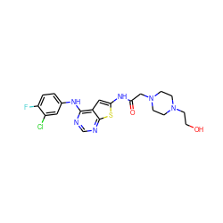 O=C(CN1CCN(CCO)CC1)Nc1cc2c(Nc3ccc(F)c(Cl)c3)ncnc2s1 ZINC000169311808