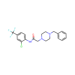 O=C(CN1CCN(Cc2ccccc2)CC1)Nc1ccc(C(F)(F)F)cc1Cl ZINC000019835115