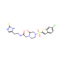 O=C(CN1CCN(S(=O)(=O)c2cc3ccc(Cl)cc3s2)CC1=O)NCCc1c[nH]c(=S)[nH]1 ZINC000029463962