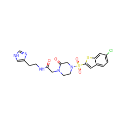 O=C(CN1CCN(S(=O)(=O)c2cc3ccc(Cl)cc3s2)CC1=O)NCCc1c[nH]cn1 ZINC000029464550