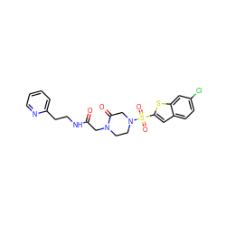 O=C(CN1CCN(S(=O)(=O)c2cc3ccc(Cl)cc3s2)CC1=O)NCCc1ccccn1 ZINC000029466750