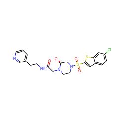 O=C(CN1CCN(S(=O)(=O)c2cc3ccc(Cl)cc3s2)CC1=O)NCCc1cccnc1 ZINC000029413321