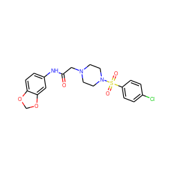 O=C(CN1CCN(S(=O)(=O)c2ccc(Cl)cc2)CC1)Nc1ccc2c(c1)OCO2 ZINC000034867456