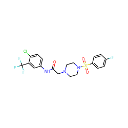 O=C(CN1CCN(S(=O)(=O)c2ccc(F)cc2)CC1)Nc1ccc(Cl)c(C(F)(F)F)c1 ZINC000036227559